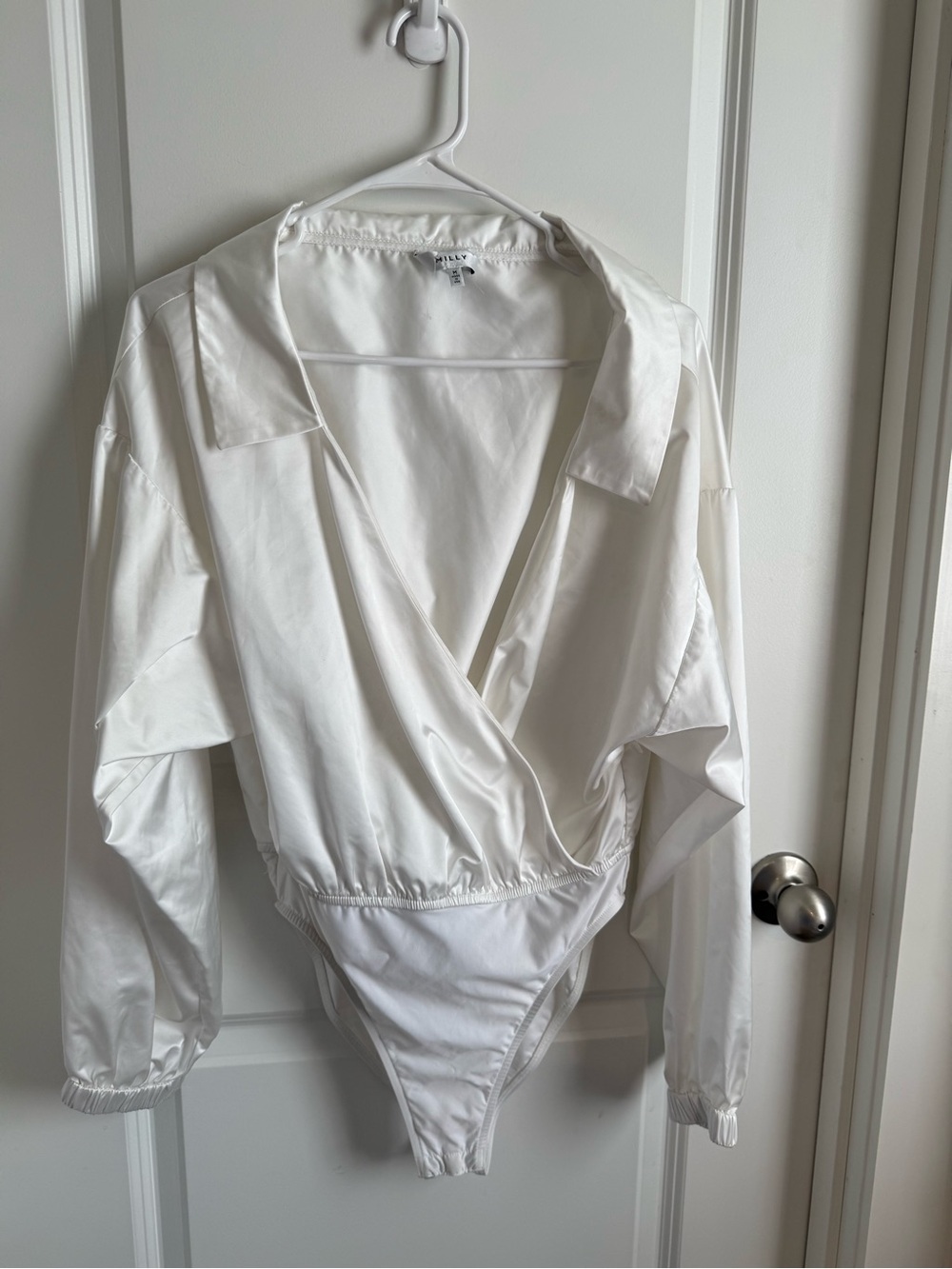 MILLY White Satin Surplice Long Sleeve Bodysuit Size Medium